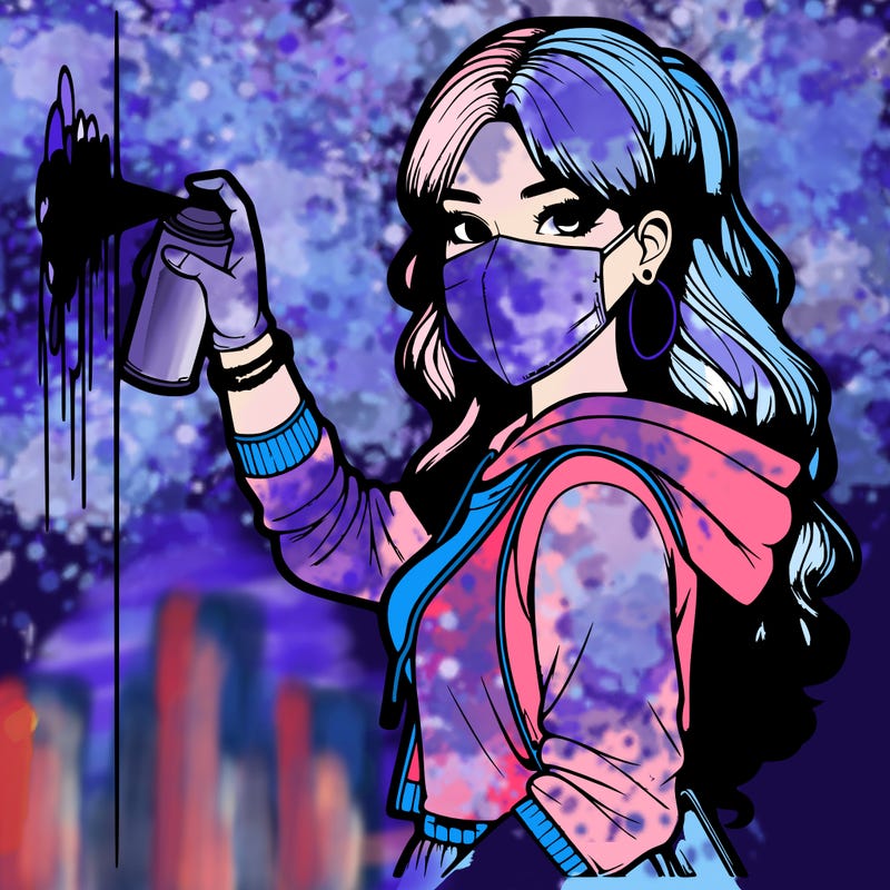 realistic girl with mask spray painting a wall