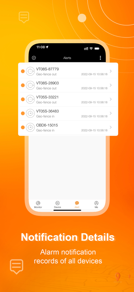 Protrack GPS app screen displaying alarm notification records and geo-fence alerts for various tracking devices