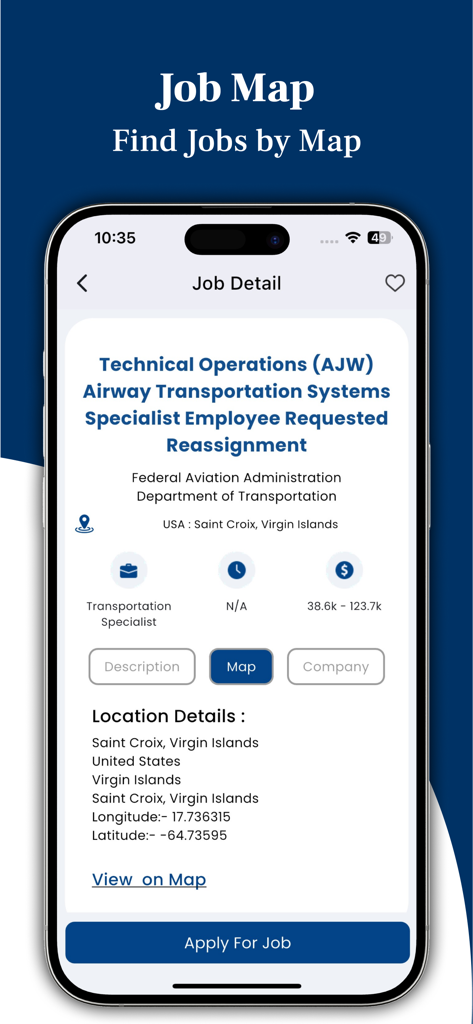 USA Gov Job & Nearby Vacancy - Una pantalla de aplicación móvil que muestra los detalles de una vacante de empleo del gobierno federal en la Administración Federal de Aviación