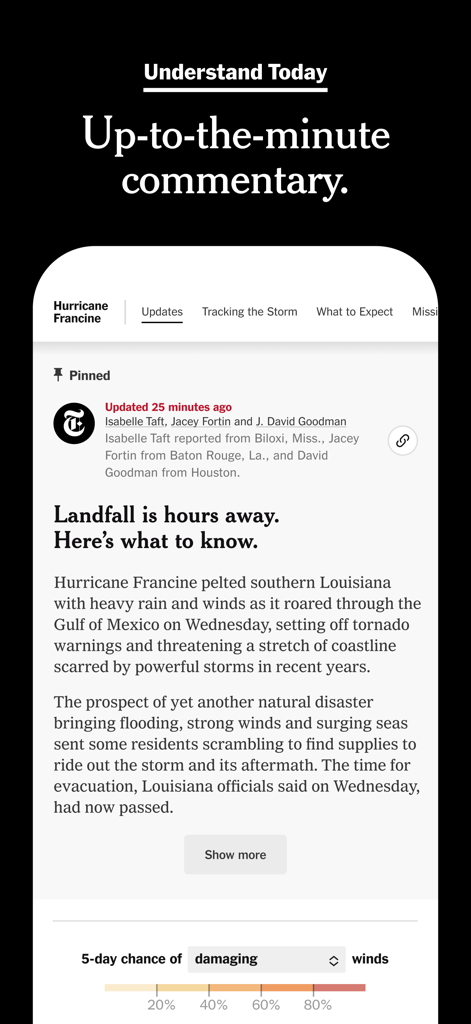 NYTimes: US and Global News - O aplicativo The New York Times exibindo atualizações de notícias ao vivo e dados de rastreamento de furacões