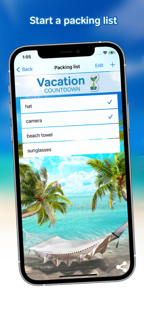 Tela da lista de malas do App de Contagem Regressiva de Férias com um fundo de praia tropical