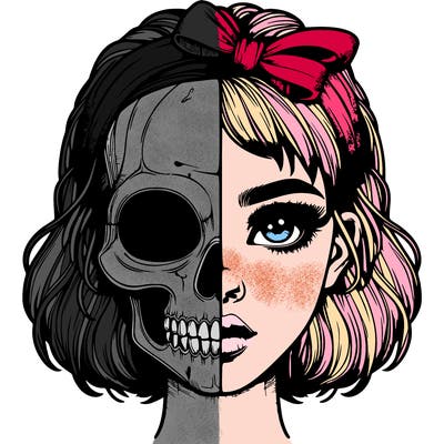 realistic girl with half skull mask