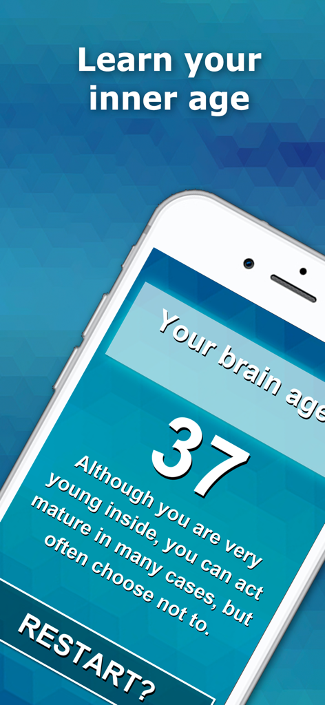 Écran de résultat de test d'âge mental sur mobile indiquant 37 ans avec une description de maturité.