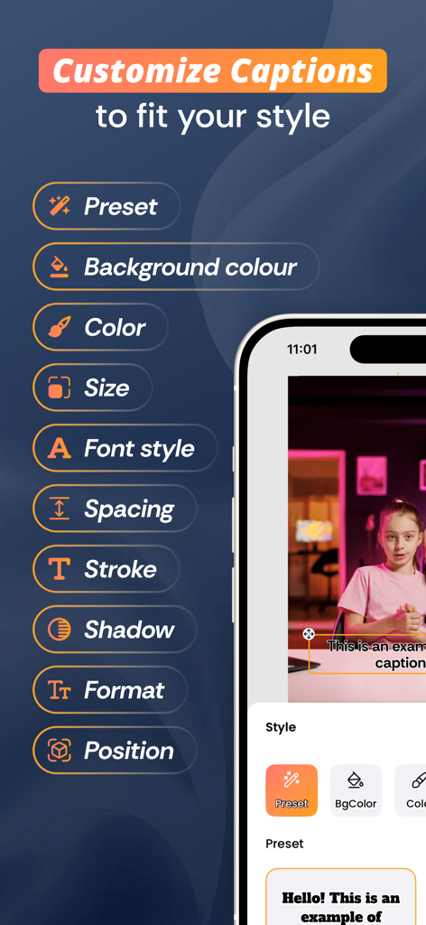 Captions Maker: Video Subtitle - 複数のキャプションカスタマイズオプション（フォントスタイル、色、配置など）を表示するモバイルアプリのインターフェース。