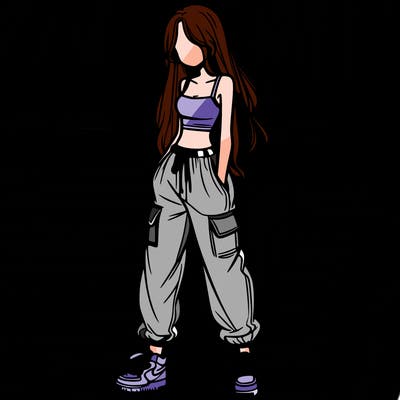 girl in baggy pants crop top and long hair