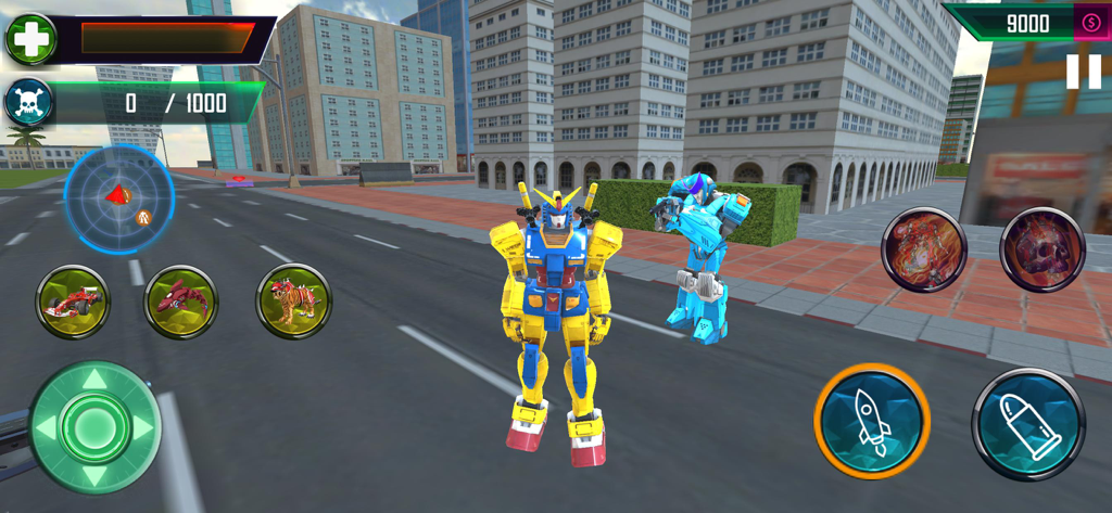 Car Spider Robot Transforming - Un robot de batalla amarillo y azul parado en una calle de ciudad 3D del juego móvil Car Spider Robot Transforming.