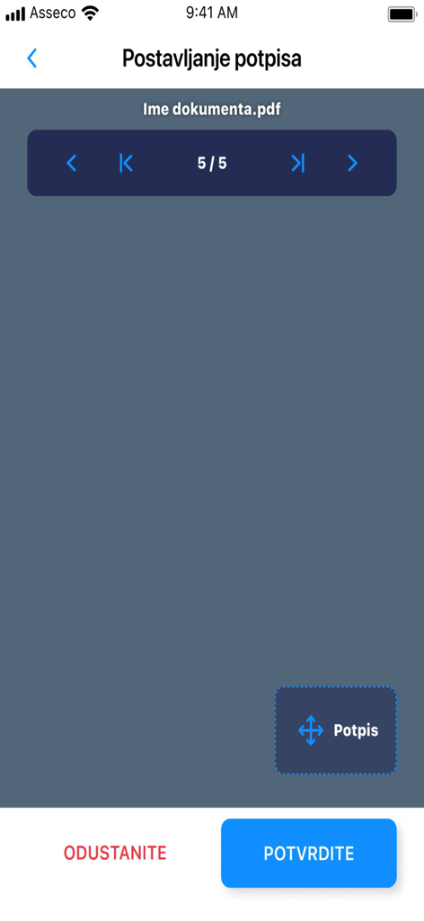 Fina e-Potpis Oblak - User interface for placing an electronic signature on a PDF document in the Fina e-Potpis Oblak app.