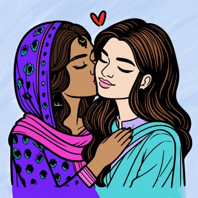 a beautiful girl kissing a woman