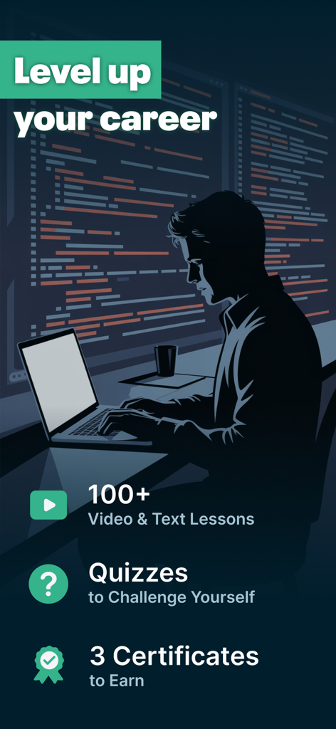 Learn Python・Ocean－AI Compile - A professional coding on a laptop with text highlighting lessons quizzes and certificates to help level up your career