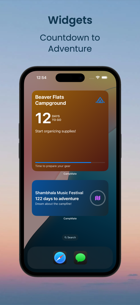 CampMate: Your Camp Helper - iPhone home screen displaying CampMate countdown widgets for upcoming camping trips and adventures