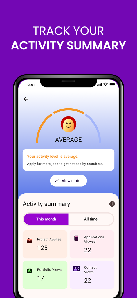 Talentrack - Talentrack mobile app activity summary page with job application statistics.