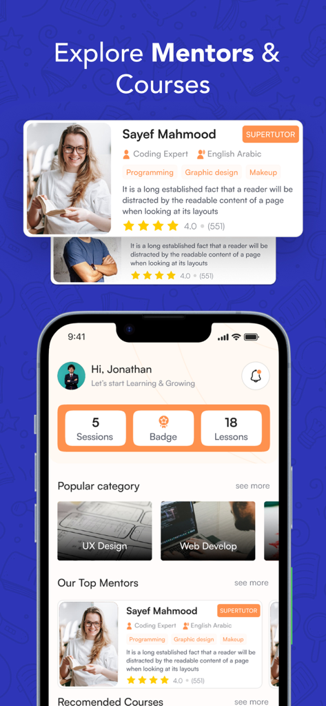 Interfaz de la app Tomohi mostrando perfiles de tutores y un panel de aprendizaje personalizado para estudiantes.