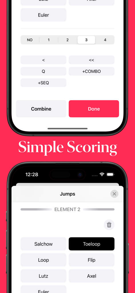 Skates: Technical Specialist - Mobile interface of Skates Technical Specialist app displaying figure skating jump elements and scoring tools