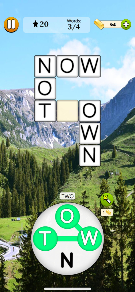 Word Tangle - Word Game - A screenshot of Word Tangle gameplay showing a crossword puzzle grid and a letter wheel over a scenic mountain background.