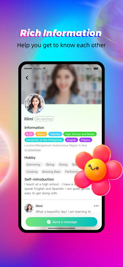 A mobile screen from the Chatta app displaying a detailed user profile with personal info, hobbies, and a self-introduction.
