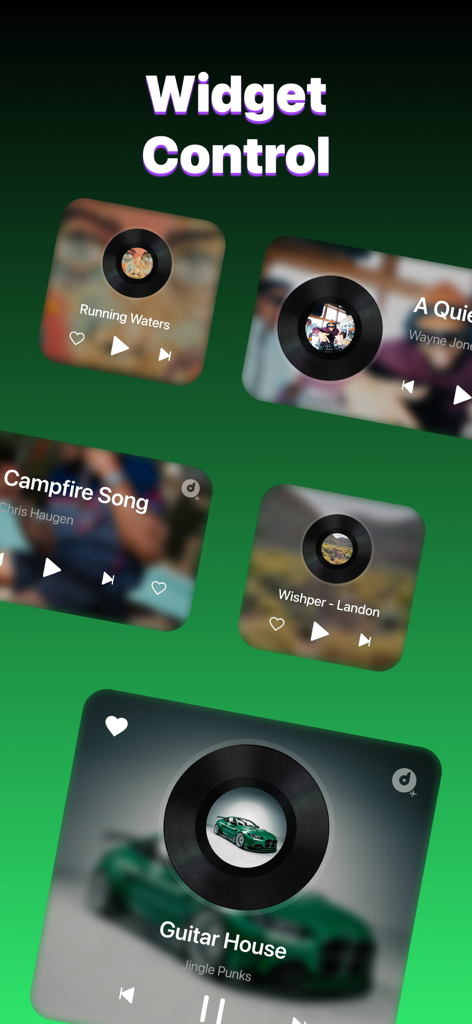 Una colección de widgets personalizables para el reproductor de música con controles de reproducción y arte de álbum estilo disco de vinilo