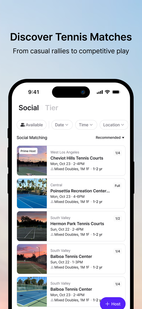 SMAXH : Find Tennis Players - SMAXH mobile app interface displaying a list of available social tennis matches at various courts in Los Angeles
