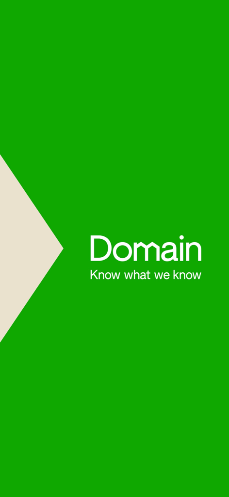Domain app splash screen with brand logo and tagline Know what we know on a green background