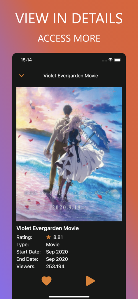 Anime TV ◆ Manga Reader - Página de informações detalhadas de um filme de anime dentro da interface do aplicativo, mostrando classificações e data de lançamento.