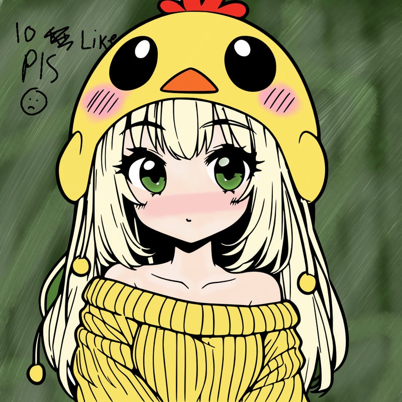anime girl with chick shaped hat with sweater with bare shoulders with bangs covering them one eye with low tail