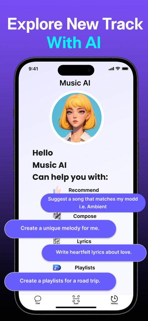 Music AI - Music Composer - Interfaz de la aplicación Music AI en un smartphone mostrando funciones de inteligencia artificial para crear música y letras