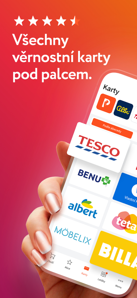 Hand holding a smartphone displaying the Portmonka app with various digital loyalty cards like Tesco and Albert