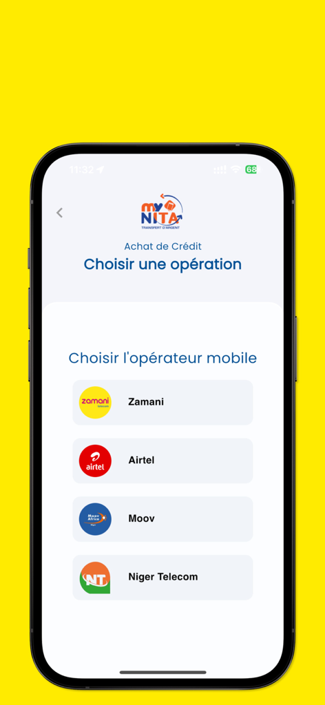 MyNITA Transfert - MyNITA app screen for buying mobile airtime in Niger