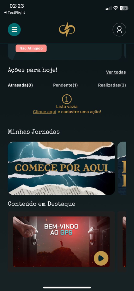 Marca Passosアプリのダッシュボード。毎日のアクションと個人の成長ジャーニーのセクションが表示されています。
