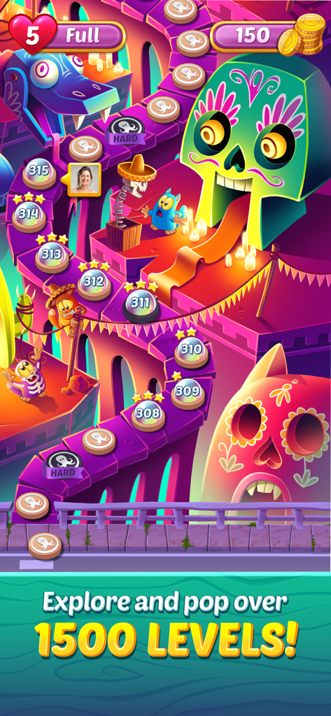 Cookie Cats Pop - Colorful level map in Cookie Cats Pop showing game progression and cute kittens with a Day of the Dead theme