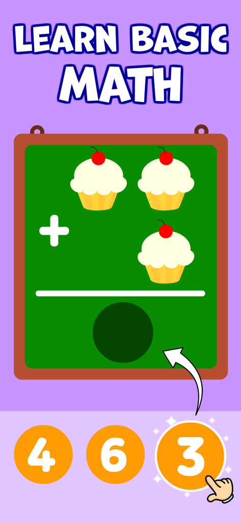 Una schermata di gioco educativo in cui i bambini imparano la matematica di base sommando cupcakes