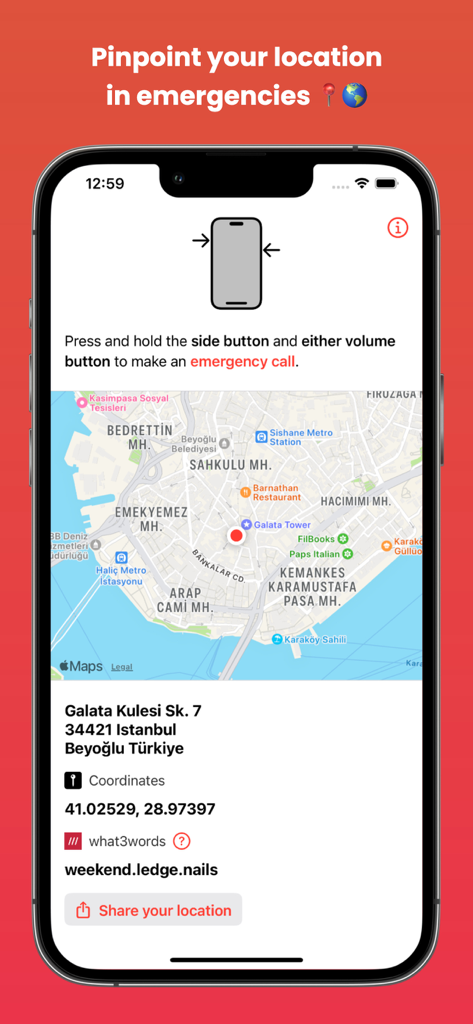 Location SOS Emergency Locator - Interface of Location SOS app displaying GPS coordinates and map location for emergencies