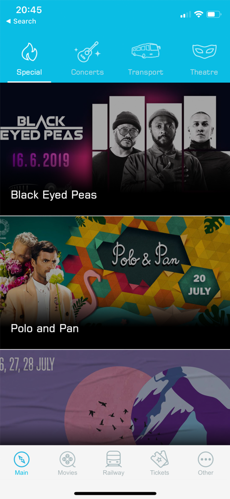 TKT.GE mobile app interface showing upcoming concert and transport ticket categories