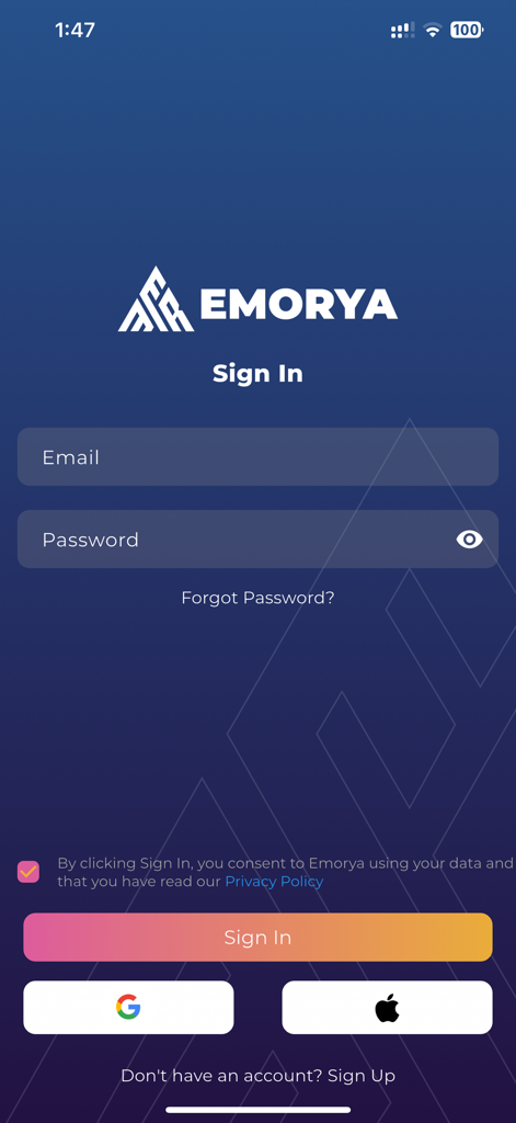 Tela de login do aplicativo Emorya com campos de e-mail e senha, além de opções de login do Google e Apple.