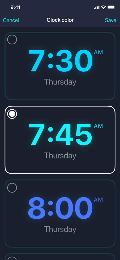 A screen in the Smart Alarm Clock app showing different color options and themes for the digital bedside clock display.