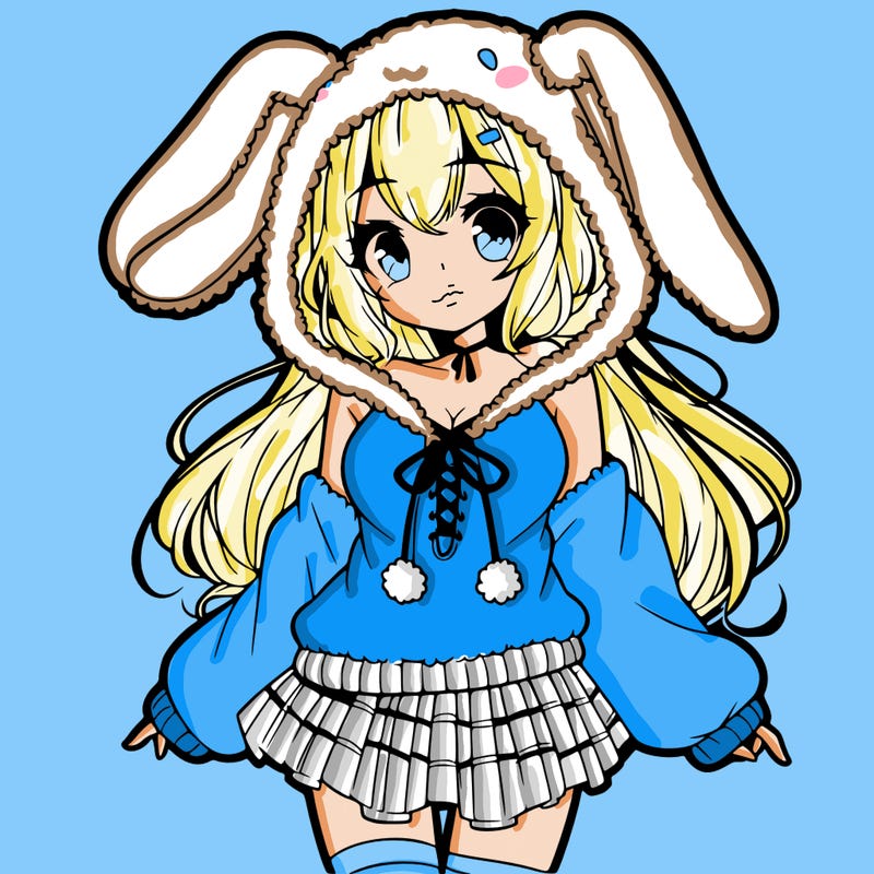 pretty anime girl wearing a fluffy hoodie with bunny ears on the hood and a skirt