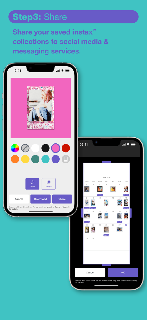 Interface de l'application instax UP montrant les options de partage sur les réseaux sociaux et un calendrier de photos numériques
