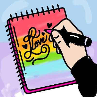 a hand writing “love” in calligraphy on a notebook