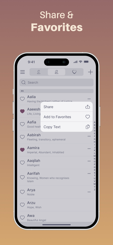 Interface of the Muslim Baby Names Finder app showing a list of girl names with meanings and a menu for sharing or adding to favorites.