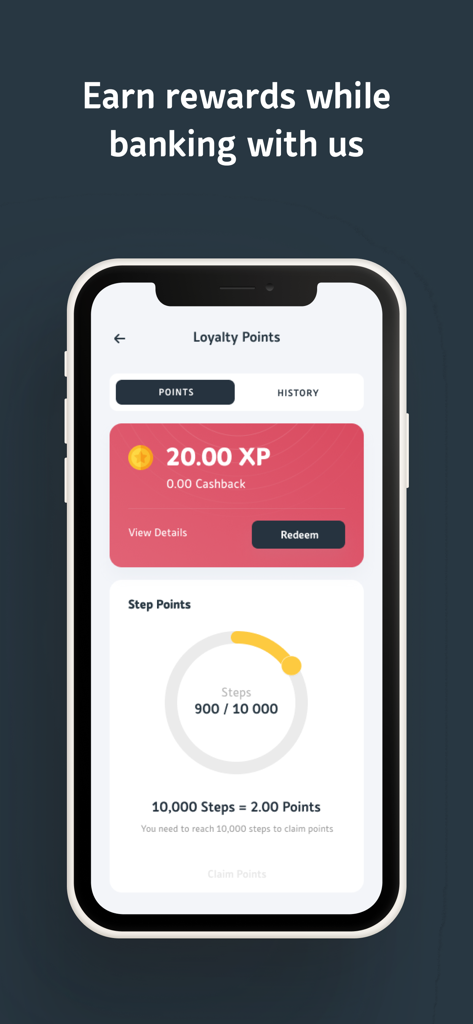 Capital Bank Mobile – Jordan - Pantalla de puntos de lealtad de la aplicación Capital Bank Mobile Jordan que muestra el seguimiento de pasos de salud y las recompensas
