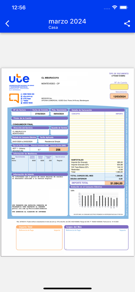 Bolletta elettrica digitale visualizzata nell'app UTE Clientes.