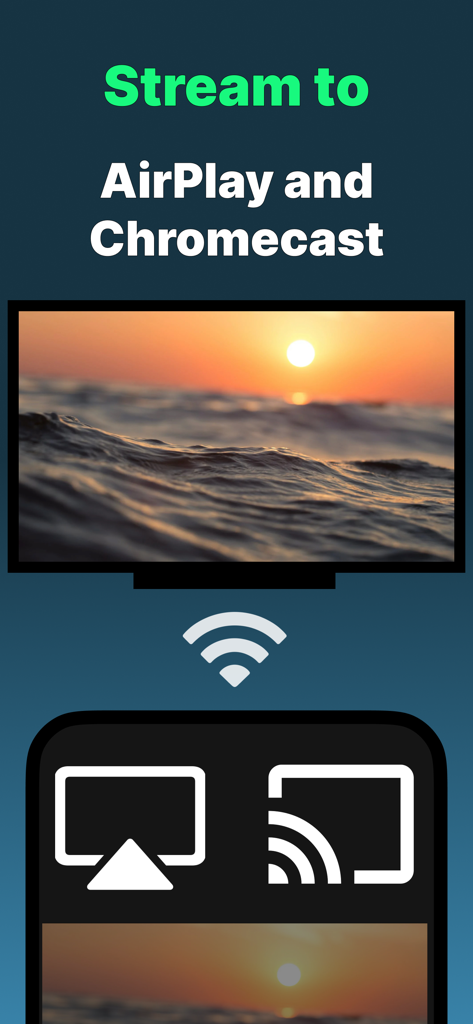 IPTV Player Live: M3U & Xtream - Schermata dell'app IPTV che mostra le opzioni per lo streaming di contenuti su una TV utilizzando AirPlay o Chromecast