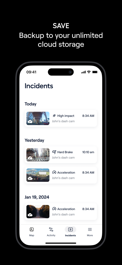 Nexar Connect - Nexar Connect app screen showing a list of recorded driving incidents with options for unlimited cloud backup storage