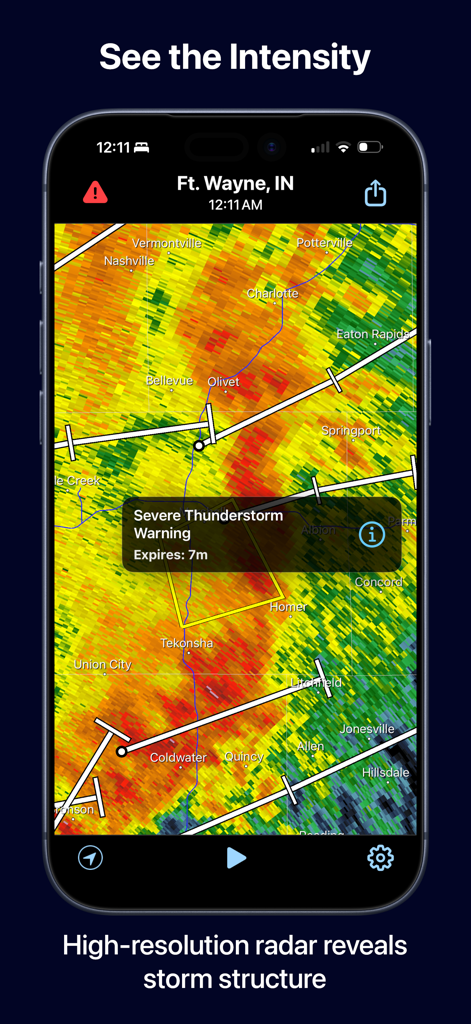 Radar Pro X - Radar Pro X app interface showing a high-resolution weather radar map with a severe thunderstorm warning