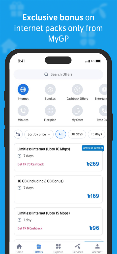 MyGP app interface showing exclusive internet and data pack offers