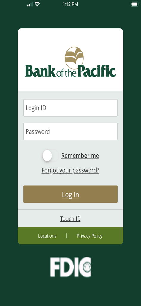 Bank of the Pacific Mobile - Login screen of the Bank of the Pacific mobile banking app showing username and password fields