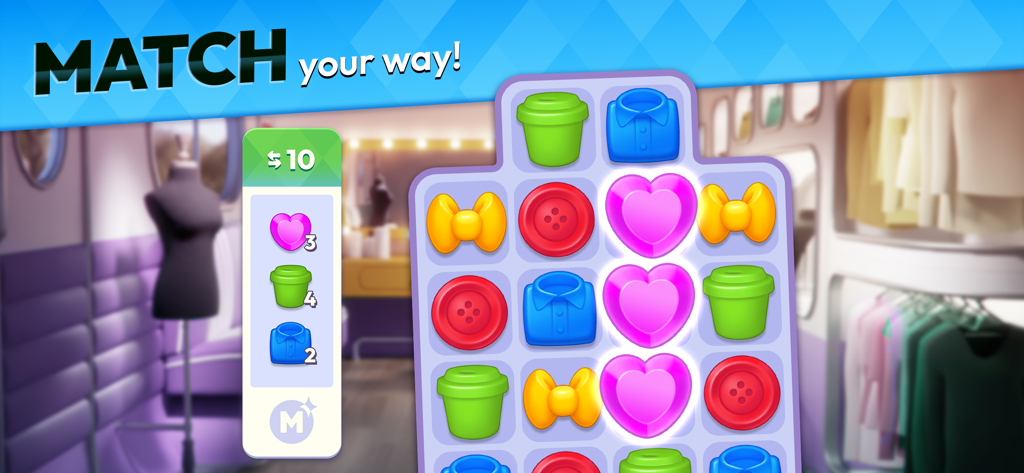 Makeover Match - Swap & Style - Um tabuleiro de quebra-cabeça match-3 com ícones temáticos de moda como corações e botões em um camarim.