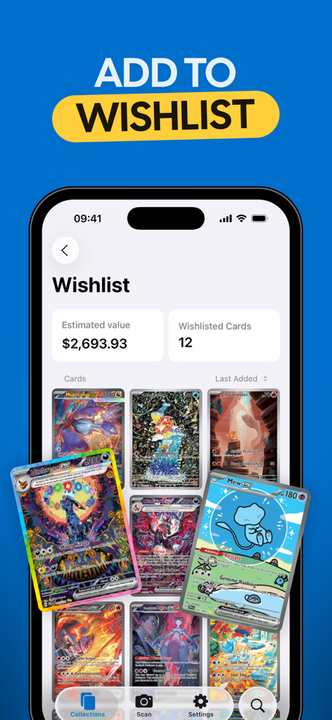 Pokemon card wishlist screen showing estimated value and a collection of scanned cards