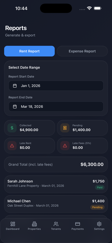 RentWise Manager app displaying a rent report dashboard with income totals and tenant payment status.