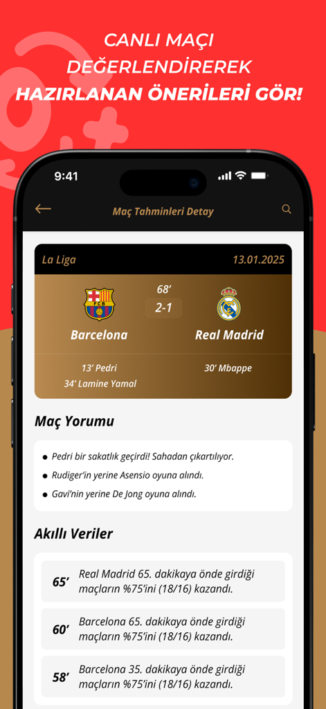 Fanatik: Breaking Sport News - Fanatik App-Screenshot mit Live-Spielanalyse und Statistiken für ein Spiel zwischen Barcelona und Real Madrid.