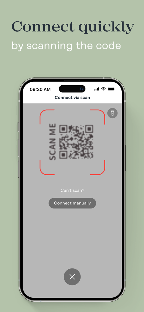 Mobile app interface showing the QR code scanning feature for quick device connection
